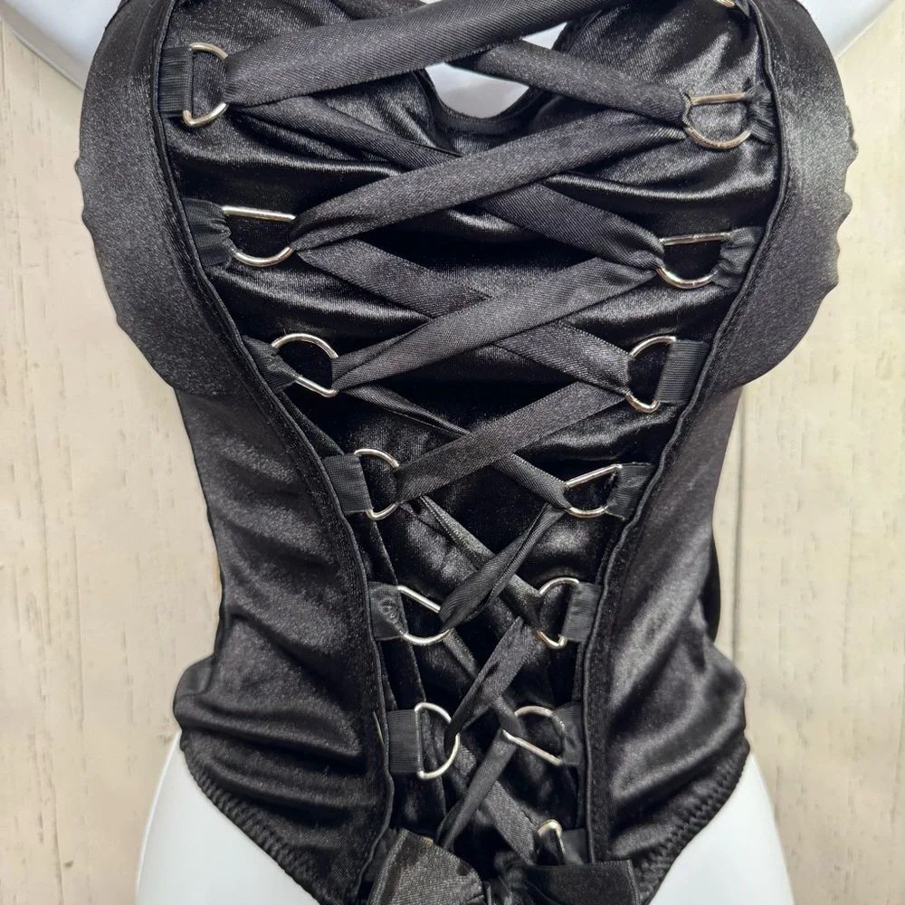 Gothic Black Lace Up Corset Top Spirit Halloween M Y2K Burlesque Festivalwear - Picture 5 of 16